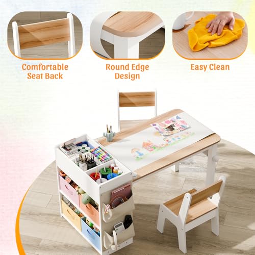 Image of IKALIFE Kids Art Table and Chair - Toddler Craft Table and Chairs Set with 2 Chair & Bins, Large Storage Kids Activity Desk with Paper Roll for Playrooms & Classroom, 40 inch L x 20 inch W, Natural