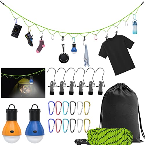 Campsite Storage Strap Camping Accessories, Travel Clothesline with 2 Camping Lights & 12 Buckles & 6 Clothes Pins Tent Lanyard for Hanging Camping Gear RV Van Life Equipment Essentials Gifts for Men