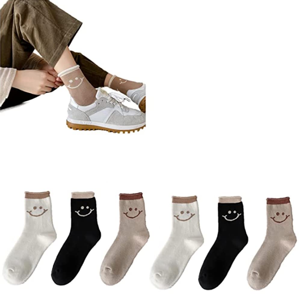 HSFN Lovely Smile Face Cotton Socks, Women's Plush Warm Mid-tube Cotton Ankle Socks in Winter, One Size (3Pairs-a)