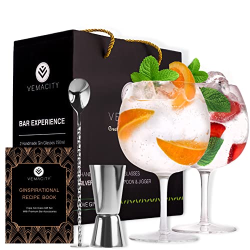 VEMACITY Set Bicchieri Gin Tonic Classico | 2 Bicchieri a Palloncino (550ml) | Cucchiaio Bar e Misurino in Argento | Kit Gin Tonic Regalo | Bicchiere per Aperol Spritz | Ideale per Fare un Regalo
