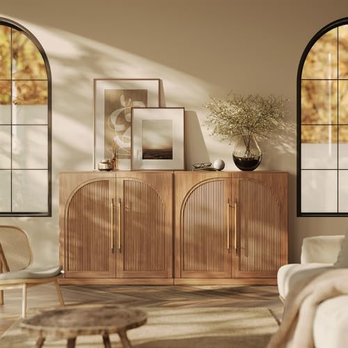 Image of BELLEZE Set of 2 Modular Sideboard with Double-Arc Wood Doors, 65'' Arched Buffet Cabinet with Adjustable Shelves, Classic Modern Credenza for Living Room Kitchen Entryway(Camel)
