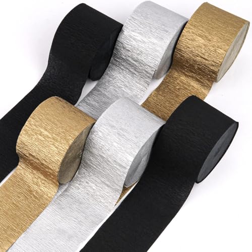 Image of 6 Black Gold Streamers, 492ft Pack of Crepe Paper Party Decorations | Each roll is 82 ft long and 1.8 Inch wide ideal for Birthday Party Decor, Wedding Decorations and Themed Parties