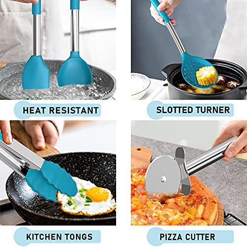 Image of Silicone Cooking Kitchen Utensil Set, Umite Chef 34pcs Heat Resistant Kitchen Utensils with Holder, Kitchen Spatula Set with Wooden Handle, Kitchen Gadget Tools for Nonstick cookware (Blue)
