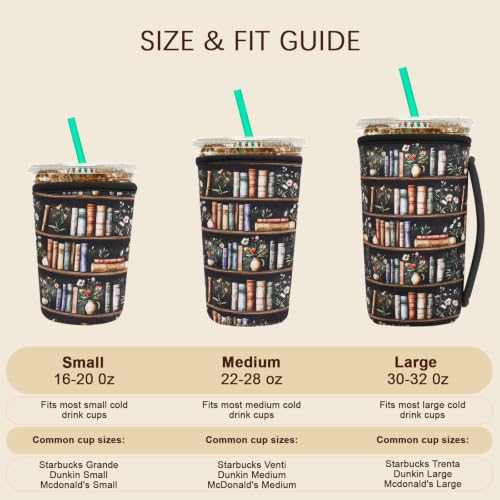 Image of Insulated Neoprene Cup Sleeve for Iced Coffee & Cold Soda - Reusable & Sweatproof, Keeps Drinks Cold Longer, Coffee Coolie for Hot & Iced Drinks (Bookshelf & Floral, Small: 16-18oz)