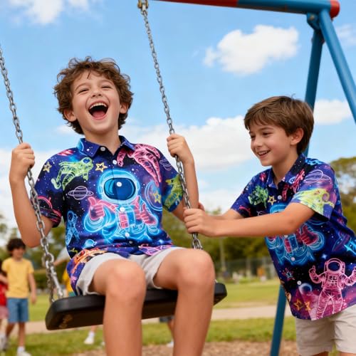 Image of uideazone Big Boys Funky Astronaut Shirts 3D Neon Space Printing Button Down Shirts UFO Short Sleeve Unqiue Blouse Beach Style Summer Wear Tops Size 13 Size 14