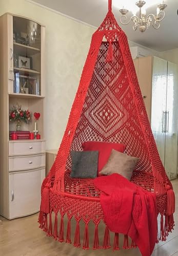 Image of KAAHIRA Bohemian Macrame Hanging Swing Chair- Aesthetic Cotton Rope Hammock for Indoor & Outdoor - Patio, Balcony, Bedroom, Living Room, Garden-Kids, Adults & Pets - Boho Decor (Red)