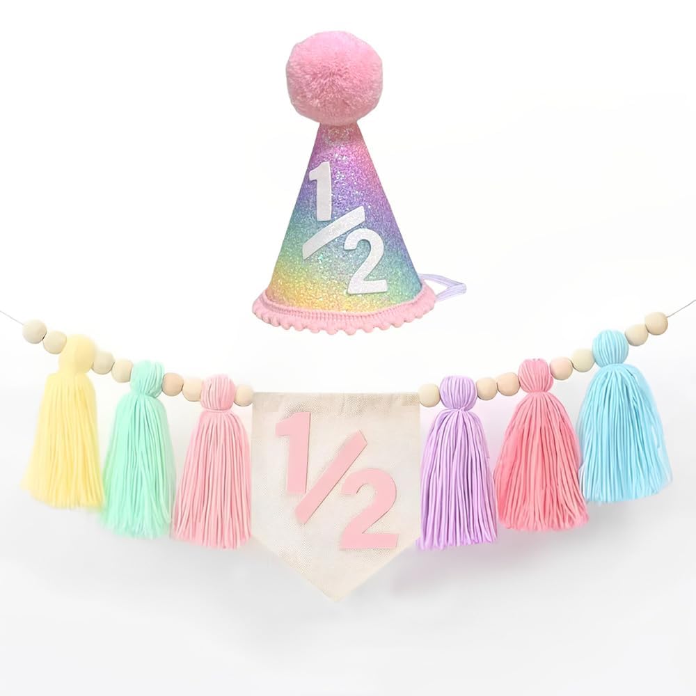 Photo 1 of 1/2 Birthday Girl Decorations Pastel Rainbow 1/2 High Chair Banner with Birthday Hat for 6 Month Half Way to One Birthday Decoration