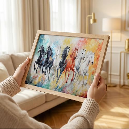 Image of Suneree 7 Horse Vastu Wall Painting - Abstract Colorful Running Horses Framed Wall Art for Living Room & Office Decor (Natural, Design 12, 10x13 Inch)