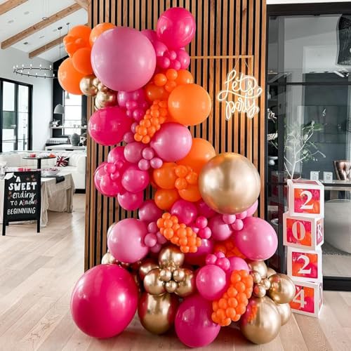 Image of Pink and Orange Balloons, 60Pcs 12 Inch Hot Pink Orange Gold Party Balloon for Summer Tropical Theme Graduation Girls Women Birthday Wedding Bridal Baby Shower
