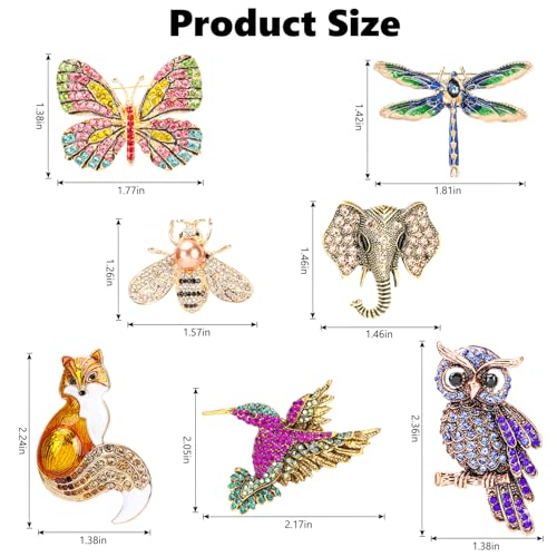 Image of 7 PCS Women Brooches Pins Bulk, Rhinestone Crystal Vintage Brooches, Hummingbird Owl Butterfly Bee Dragonfly Animal Brooch Pin for Women Gifts