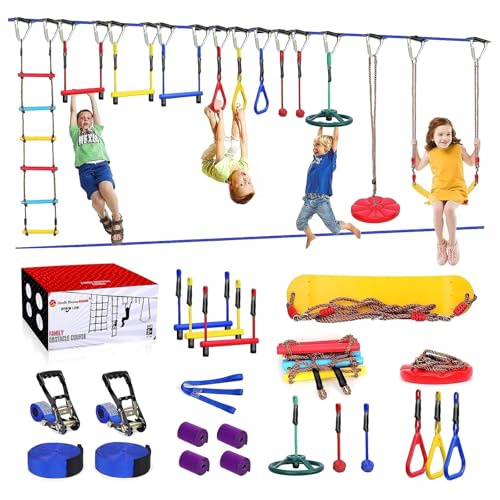 Ninja Warrior Obstacle Course for Kids Backyard,Fast-Setup Buckles—Up to 880 lbs,2x65ft Slack Lines with 13 Ninja Accessories-Swing Seat,Disc Swing,Ninja Wheel,Rope Ladder,Ninja Ring,Arm Trainer