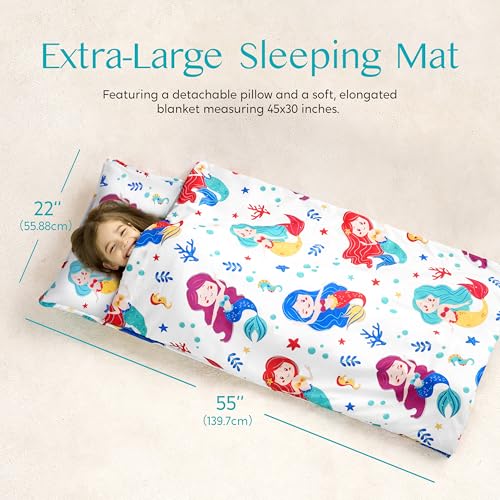 Image of JOIEDOMI Toddler Sleeping Bag for Kids 55''x30'' Nap Mat with Removable Pillow and Minky Blanket for Toddler Ages 3-7 Roll Up Soft Kids Sleeping Bag for Boys Girls Kindergarten Daycare Sleepover