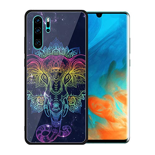 Urhause Tempered Glass Cover Compatible with Huawei P30 Pro Case Glossy Mirror Case Ultra Thin Starry Sky Hard Cover Elephant Tempered Glass + Soft Silicone Skin Cover Bumper Anti-Scratch Cover