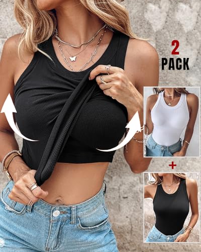 CHICME 2 Piece Tank Tops with Built in Bras Athletic Tank Tops for Women Ribbed Tank Top Fitness Workout Running Tops2