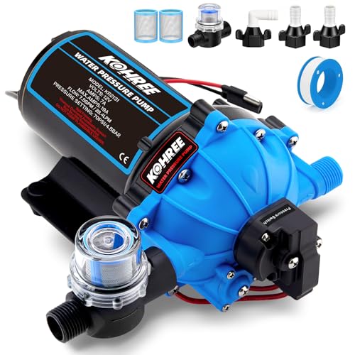 2026 Upgraded Kohree RV Fresh Water Pump 7.5GPM 70PSI, 12V DC Water Pump, Self-Priming, Upgraded Five Chamber Diaphragm Pump with Heavy Duty Pressure Switch and Strainer for RV, Marine, Yacht, Caravan
