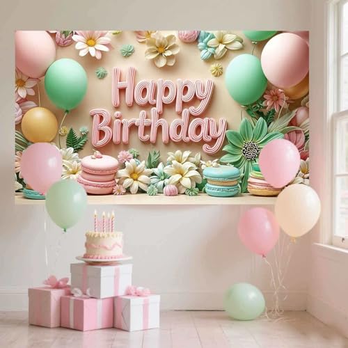 Image of Happy Birthday Backdrop for Women - 72X44 inch Banner Daisy Flower Floral Sweetmeat Happy Birthday banner for Kids Party Decor Girls Celebration Poster Cake Table Decorations Photo Booth