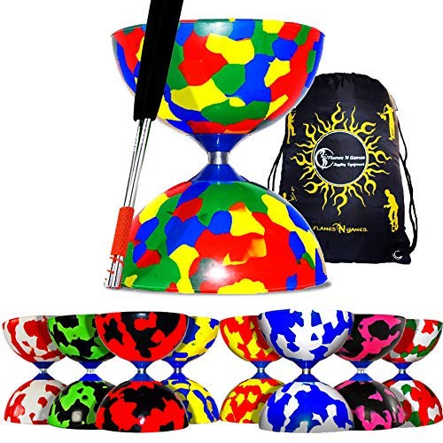 Juggle Dream Jester Pro Diabolo Set (8 Couleurs) + Diablo Baguettes en Aluminium et Ficelle + Flames N Games Sac de Transport. (Multicolore)