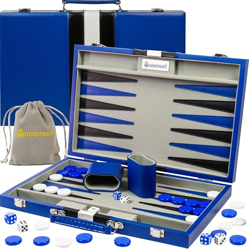 Image of Large Blue Backgammon Sets for Adults - Classic Board Games for 2 Players Adults and Kids - Premium Backgammon Set 15 Inch Board and 32 Backgammon Pieces in Quality PU Leather Case