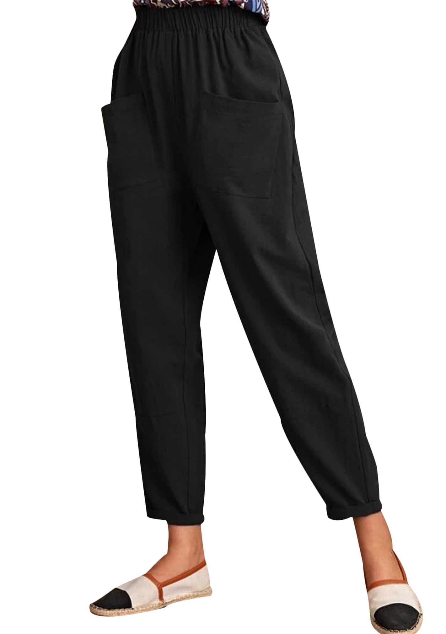 BOFETA Women Cotton Elastic Waist Pants Casual Fashion Trousers Straight Pockets Pants