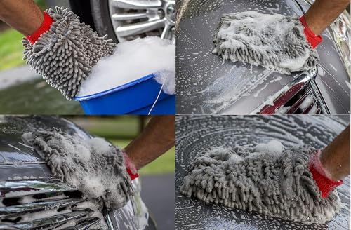 Image of Auto Hub Microfiber Car Cleaning Cloth and Wash Mitt Kit - Includes Ultra Soft 600 GSM Extra Large (30x40 CM) Microfiber Cloth for Car and Dual Sided Chenille Microfiber Wash Mitt 1700 GSM