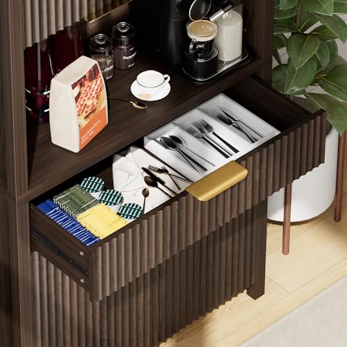 Image of Lulive 71 inch Fluted Pantry Cabinet with Charging Station, Brown | Adjustable Shelves, Open Countertop, Drawer, Spacious Kitchen Storage
