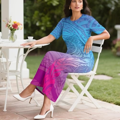 Image of Puletasi Samoan Traditional 2 Piece Outfits for Women Short Sleeve Crop Top and Maxi Skirt Sets Puletasi Dress
