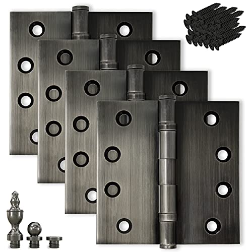 Finsbury Hardware Solid Brass Door Hinge Heavy Duty Ball Bearing Polished 4x4 Inch with Decorative Screw-on Tips Included - Set of 12 Hinges (Pewter)