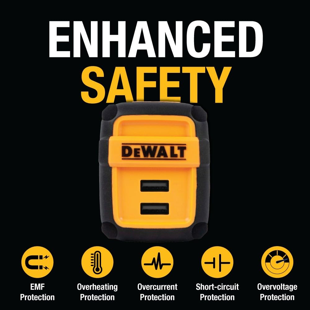 DEWALT Chargeur USB Mural Double Port 24W, Adaptateur Secteur Prise EU avec Ports Inclinés, Chargeur pour iPhone 17/16/15/14/13 Pro Max, Samsung Galaxy S22/S21/Note 20 – Design Robuste
