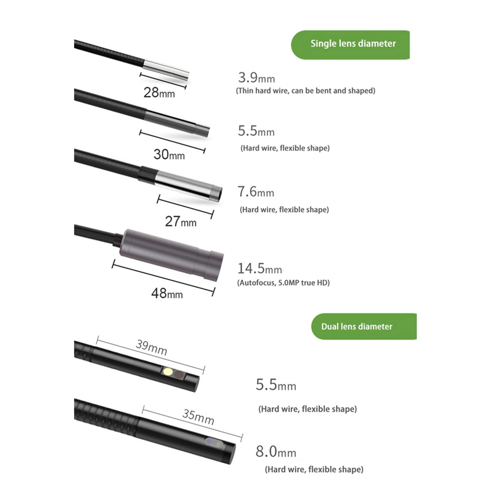 Endoskop-Kamera-Schlangenschlauch 3.9mm 5,5 mm 7,6-mm-Kabel 5.5mm 8mm Dual-Linse 14.5mm Auto-Fokus-Kabel for NTS300 NTS500.(5.5mm dual lens-1m)