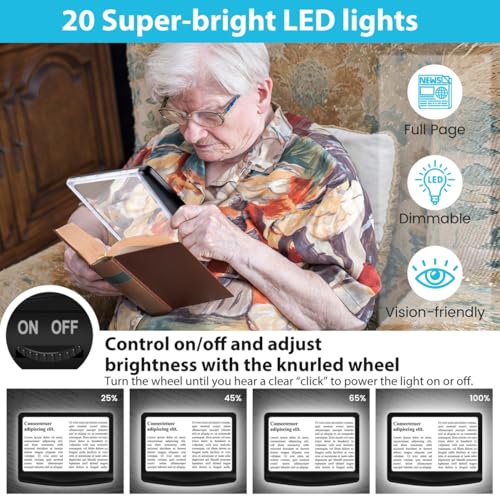 Image of Rechargeable 5X Magnifying Glass for Reading, Large Bright Full Page Magnifier with Light, Handheld LED Dimmable Lighted, Lightweight Book Magnifier for Reading Small Prints Seniors Low Vision