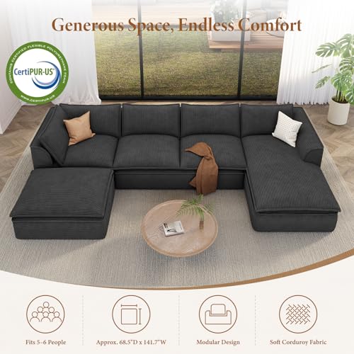Image of Vesgantti 141.7 inch U Shaped Boneless Sectional Couch, Modern 6 Seater Modular Sofa with Chaise & Ottoman, Deep Seat Convertible Corduroy Cloud Couches for Living Room, No Assembly Required, Black