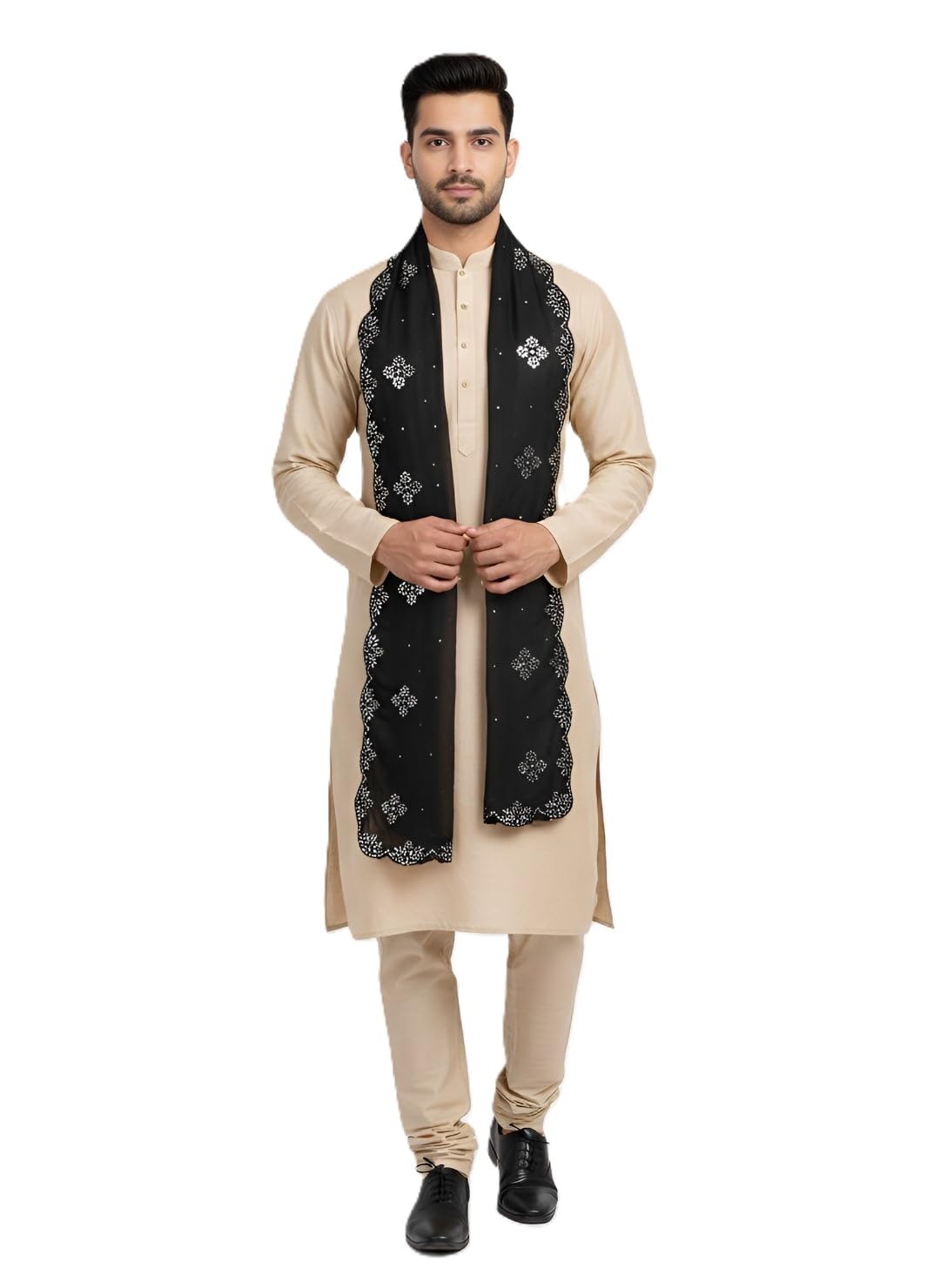 Men Embellished Fancy Cut Work Design Mirror Silk Dupatta-image-22
