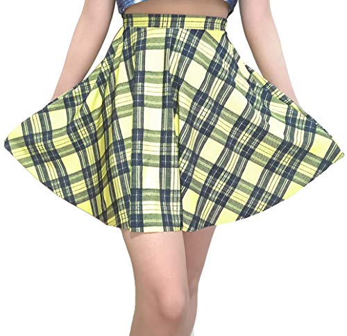 Sister Amy Women's Pleated Elastic Waist Band Flared Printed Midi Skater Yellow Plaids US S