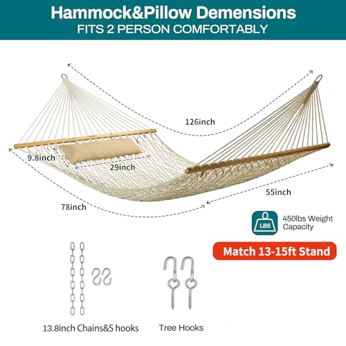 JoyView Traditional Rope Double Hammock - Hand Woven Cotton Hammock with Hardwood Spreader Bar and Pillow 450lb Capacity for Outdoor Indoor Patio Yard - Natural by JoyView - Image 3