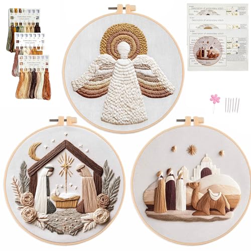 Myfelicity Embroidery kit Adults Set Nativity Scene Embroidery Hoop Art Set Religious Christmas Theme 3-Piece Collection with Angels and Manger Scene in White Embroidery Cloth