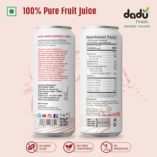 Image of Dadu Juice Combo Pack | Pure Natural, Not from Concentrate, No Added Sugar, No Artificial Flavors or Preservatives | Passion Fruit, Mixed Berries, Mangosteen, Soursop | 4 Cans x 250ml