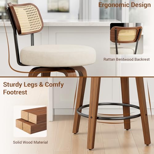Image of YaFiti Swivel Bar Stools Set of 4, 26''H Upholstered Barstools with Rattan Backs and Wood Legs, PU Leather Counter Height Bar Chairs for Kitchen Island, Cream White