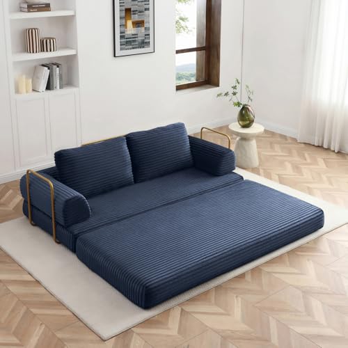 Image of HANXIN 80'' Convertible Sleeper Sofa Bed, High Back Plush Corduroy Folding Floor Mattress Couch with Fixed-Shape Frame, Boneless Futon Loveseat with Pull Out Bed, No Assembly Required (Blue)