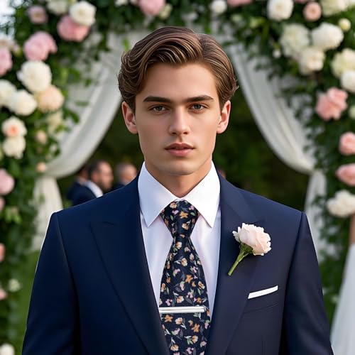 Image of YourTies Cotton Floral Tie for Men 2.5 inch Printed Skinny Necktie Pocket Square Tie Clip Set Flower Wedding Party Groom