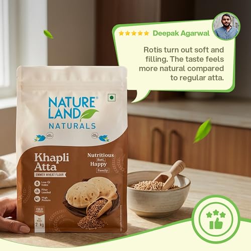 Image of Natureland Naturals Khapli flour 2 kg- Low-Gluten Wheat Flour | High Dietary Fiber for Easy Digestion | Stoneground Emmer | Khapli Atta