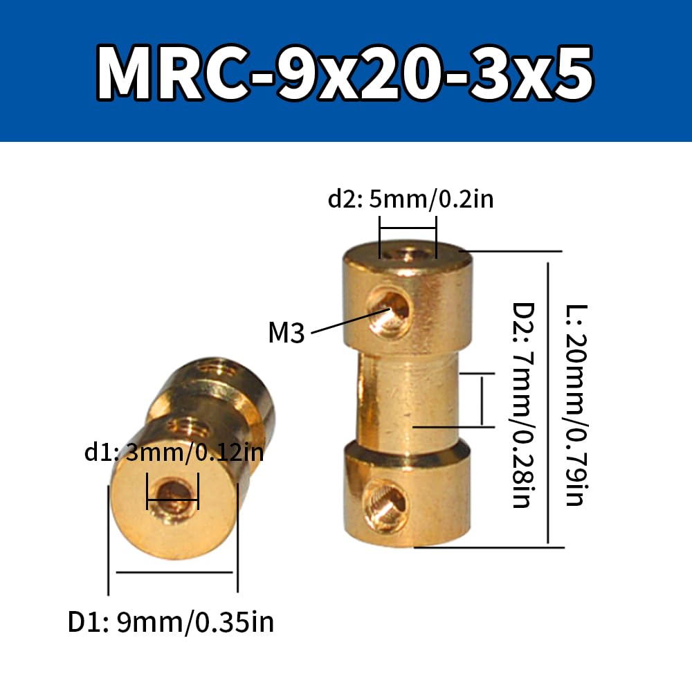 10PCS 3mm to 5mm Brass Shaft Coupling, L20 x D9 Set Screw Rigid Coupler Motor Connector for DIY, Small Motor, RC Boat Car Airplane