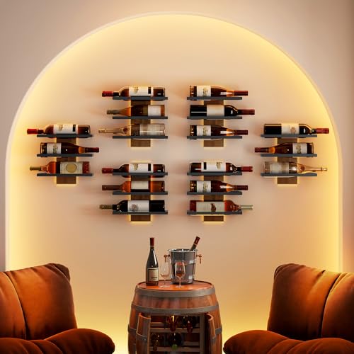 Image of Hoctieon 3 Tier Wall Mount Wine Rack Set (9 Bottles), Wall Mounted Wine Bottle Rack for Display and Storage, Hanging Bottle Holder, for Living Room, Dining Room,Bar,Wine Cellar,Rustic Brown