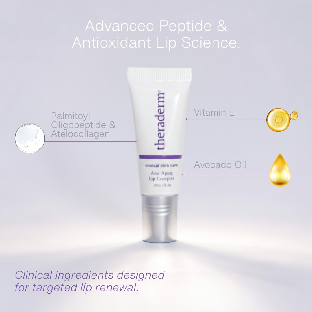 Theraderm Anti-Aging Lip Complex – Peptide Lip Treatment for Plumper-Looking, Smoother Lips with Collagen Peptides, Avocado Oil & CoQ10, .33 oz