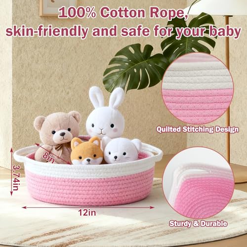 Image of Basket for Gifts Empty, Small Woven Basket with Bags and Ribbons, Baby Toy Baskets with Handles, Wicker Storage Bin for Baby Showers or Pet Toy (Pink, 1 Pack (12 inchx 8 inchx 3.74 inch))