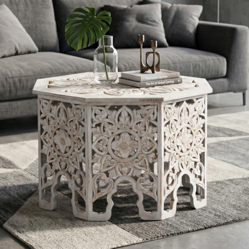 Image of Wooden Coffee Table for Living Room | Handcrafted Solid Wood Center Table for Living Room with Carved Floral Design | Coffee Table for Home, Wooden Furniture for Home (White Distress)