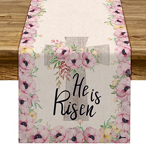 Pudodo He is Risen Tischläufer Ostern Frühling Urlaub Dekor Christliches Kreuz Blumen Küche Esszimmer Heimdekoration Cover