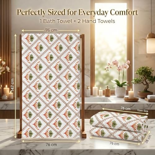 Image of Mafatlal Madhuban Lightweight Waffle Cotton Set (1 Bath 147x76 cm + 2 Hand 76x38 cm) | 250 GSM | Soft, Hand Printed Floral | Foliage Color