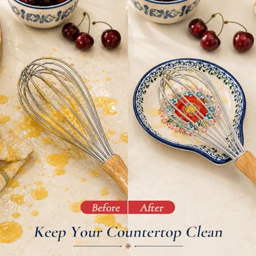 Image of Spoon Rest for Stove Top, 5 inch Hand-Painted Red Flower Spoon Holder