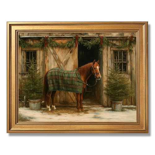 Large Framed Vintage Horse Stable Canvas Wall Art Print Rustic
