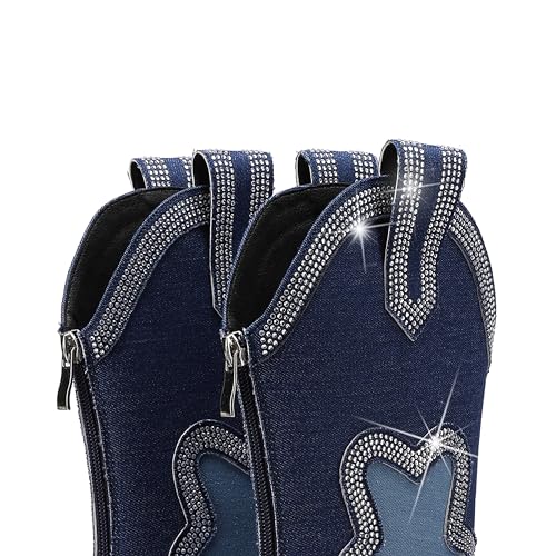 Image of Western Cowboy Boots for Women Rhinestone Cowgirl Boot with Low Block Heel Embroidery Sparkly Short Ankle Booties Walking Bootie for Country Concert Disco Outfits